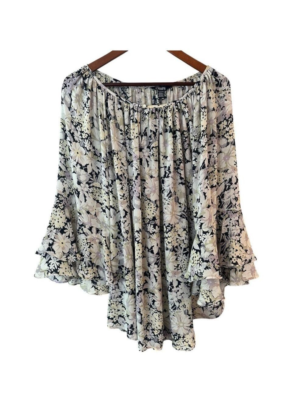CHAPS Floral Lightweight blouse Black & Cream Boho  3/4 tiered sleeves sz 2X